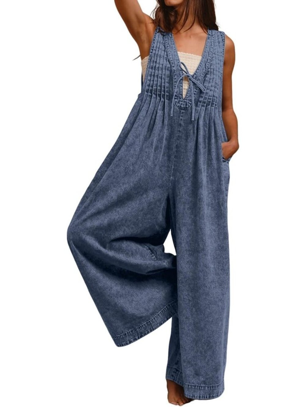 Chic Flowy Sleeveless Jean Jumpsuit | Wide Leg Baggy Ruffle Tank Romper | Summer